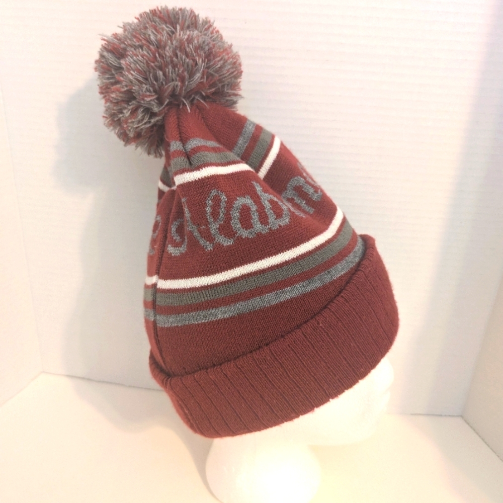 Alabama Roll Tide Crimson,‎ Grey & White Knit Fold over Beanie with Pom